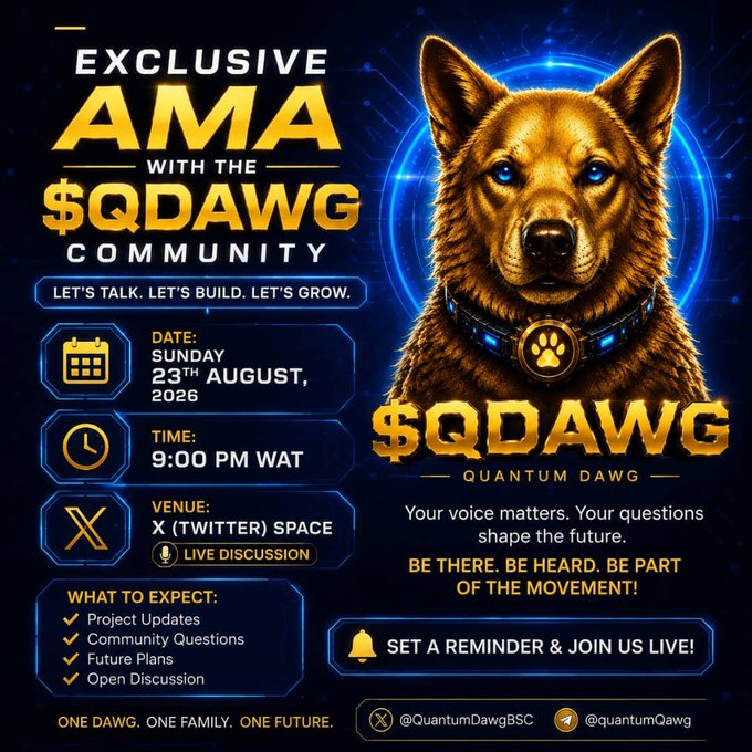 A promotional flyer for an 'EXCLUSIVE AMA WITH THE $QDAWG COMMUNITY' dated Sunday 23rd August 2026 at 9:00 PM WAT, featuring a German Shepherd dog and listing event details and what to expect.