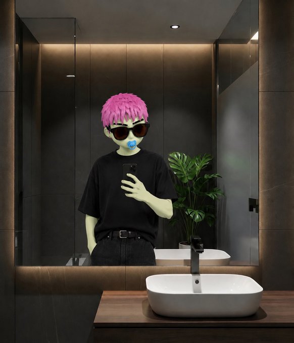 A person with pink hair and sunglasses takes a mirror selfie in a modern bathroom, holding a phone with a pacifier in their mouth.