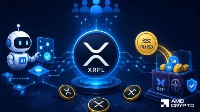 A digital crypto graphic displays the XRPL (XRP) logo at the center, surrounded by an AI robot, RLUSD token, DeFi elements, and AMB Crypto branding on a blue circuit-themed background.