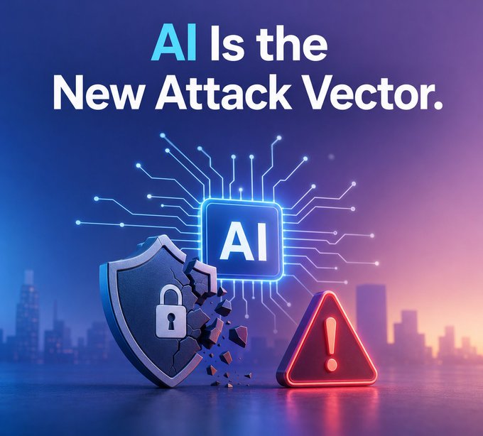 A promotional graphic with the text 'AI Is the New Attack Vector.' featuring a glowing blue AI chip, a cracked shield, and a red warning triangle against a city skyline.