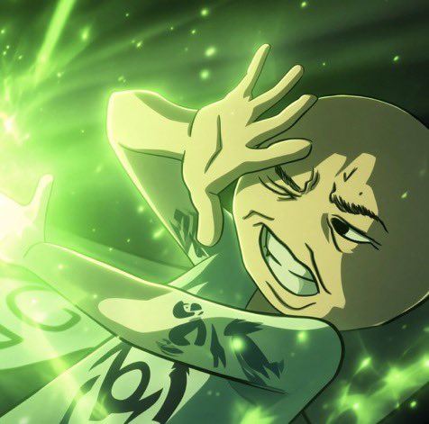 An anime-style illustration of a character with a wide grin, wearing a hooded robe, surrounded by bright green magical energy.