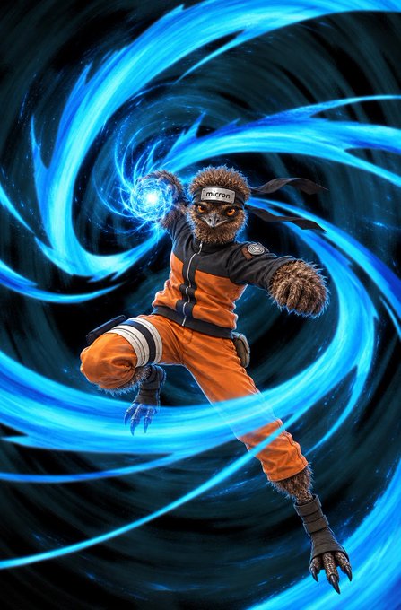 An anthropomorphic emu ninja in an orange jumpsuit channels a swirling blue energy blast, with "EMU" visible on its headband, visually representing the powerful and rapidly rising $EMU token highlighted in the giveaway announcement.
