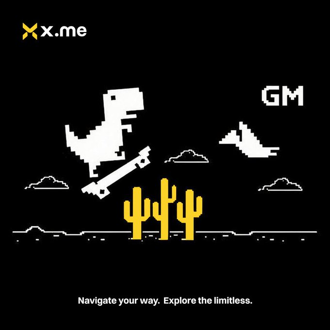 A pixel art design featuring a white T-Rex skeleton riding a skateboard over yellow cacti with 'GM' text and the 'X.me' logo at the top, captioned 'Navigate your way. Explore the limitless.'
