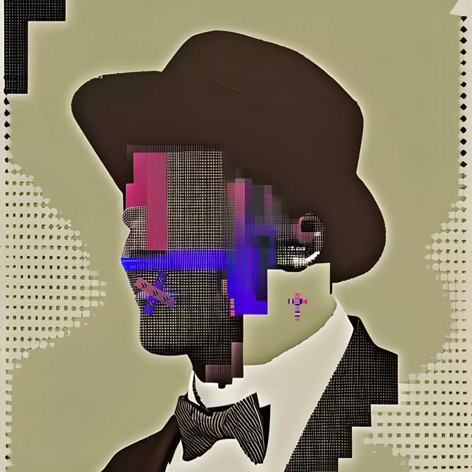 A stylized digital artwork of a figure wearing a wide-brimmed hat and bow tie, with glitchy, pixelated distortions in pink and blue obscuring parts of the face.