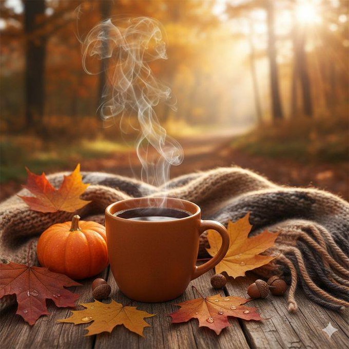 An autumnal scene features a steaming cup of coffee beside a small orange pumpkin and scattered fall leaves on a wooden surface, with a forest in the background.