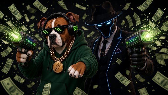 A bulldog wearing pixelated "RH" sunglasses and a gold chain stands alongside a glowing, faceless figure in a fedora, both wielding futuristic cash-shooting blasters amid a rain of dollar bills, evoking a flashy crypto giveaway vibe fitting the $GOOD contest winner announcement.