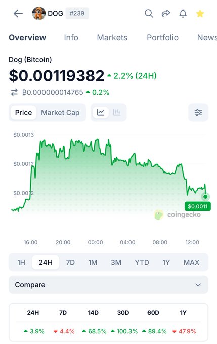 A screenshot from CoinGecko showing the price of Dog (Bitcoin) / DOG at $0.00119382, down 2.2% over 24H, with a 24-hour price chart.
