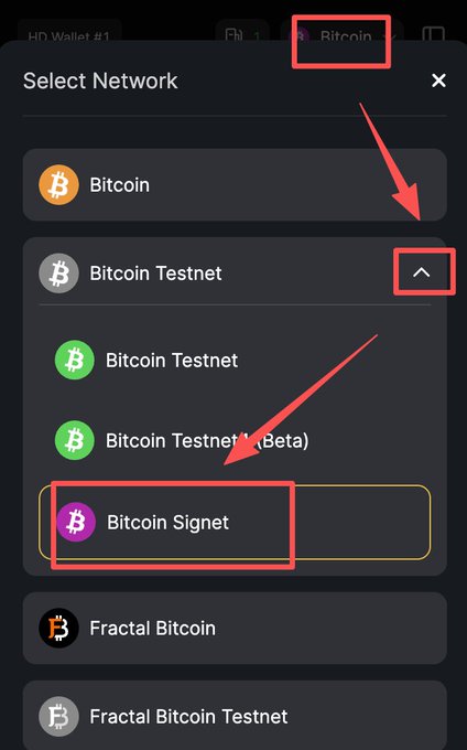 A screenshot of a 'Select Network' menu in a crypto wallet app, with red arrows and boxes highlighting the 'Bitcoin' option and the 'Bitcoin Signet' network selection.