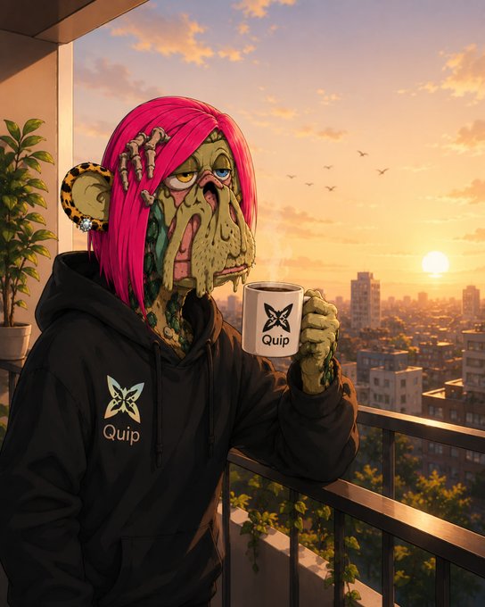 A grotesque green creature with pink hair and a zipper-like mouth detail wears a black 'Quip' hoodie and holds a matching branded mug on a balcony overlooking a sunset cityscape.