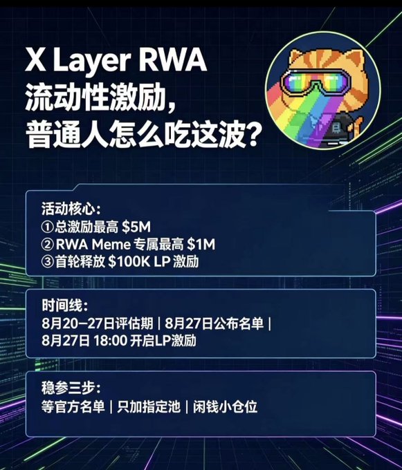 Promotional graphic for "X Layer RWA" featuring a cartoon cat in VR goggles vomiting a rainbow, detailing a liquidity incentive campaign with up to $5M total rewards (including $1M max for RWA Meme tokens) and a first-round release of $100K in LP incentives running from August 20–27, 2025.