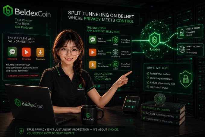 A promotional graphic for 'BeldexCoin' featuring a smiling woman with glasses, explaining 'Split Tunneling on BelNet' with diagrams of encrypted routes and privacy features.