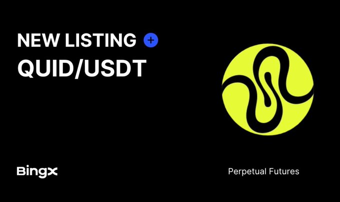 A BingX cryptocurrency exchange announcement showing a 'NEW LISTING' for the QUID/USDT perpetual futures pair alongside a neon green swirl logo.