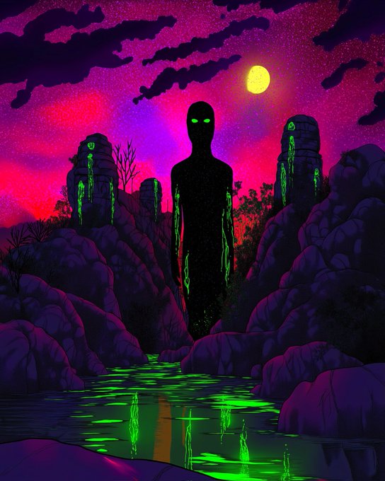 A tall, shadowy humanoid figure with glowing green eyes stands between purple rocky cliffs under a magenta starry sky with a yellow moon, as neon green liquid drips from the rocks and pools in the river below. The surreal, otherworldly artwork by @IThinkItsArt pairs with the Friday reminder to release a lingering mental burden, suggesting that letting go clears the mind as vividly as the glowing green flow illuminates the dark, shadowy figure.