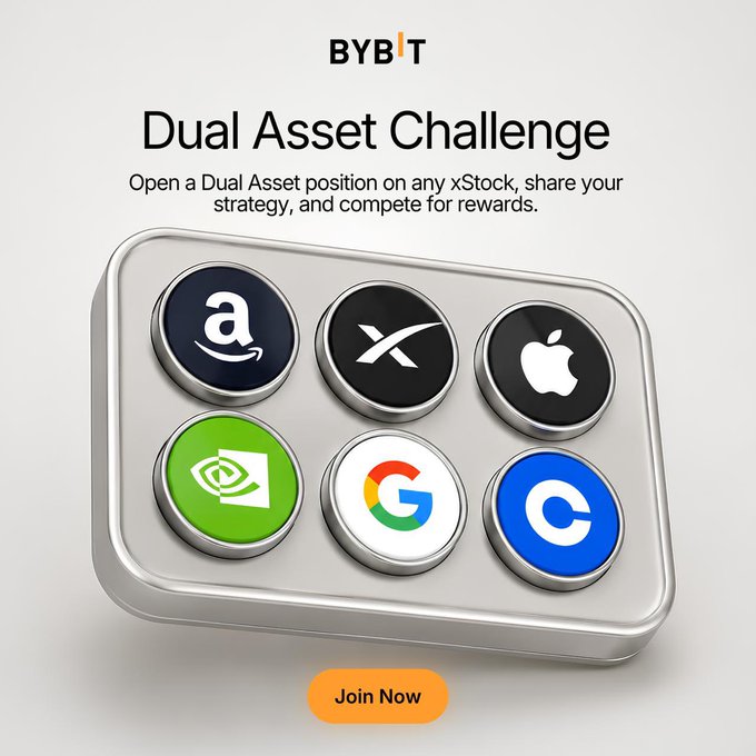 A Bybit promotional banner for their "Dual Asset Challenge" features six tokenized U.S. stock icons—Amazon, X (SpaceX), Apple, NVIDIA, Google, and Coinbase—displayed in a sleek metallic frame with a "Join Now" call-to-action button below. The image visually represents the campaign's launch of tokenized stocks on Bybit's Dual Asset product, aligning with the post's announcement of offering xStock positions on major market names for users to compete for rewards.