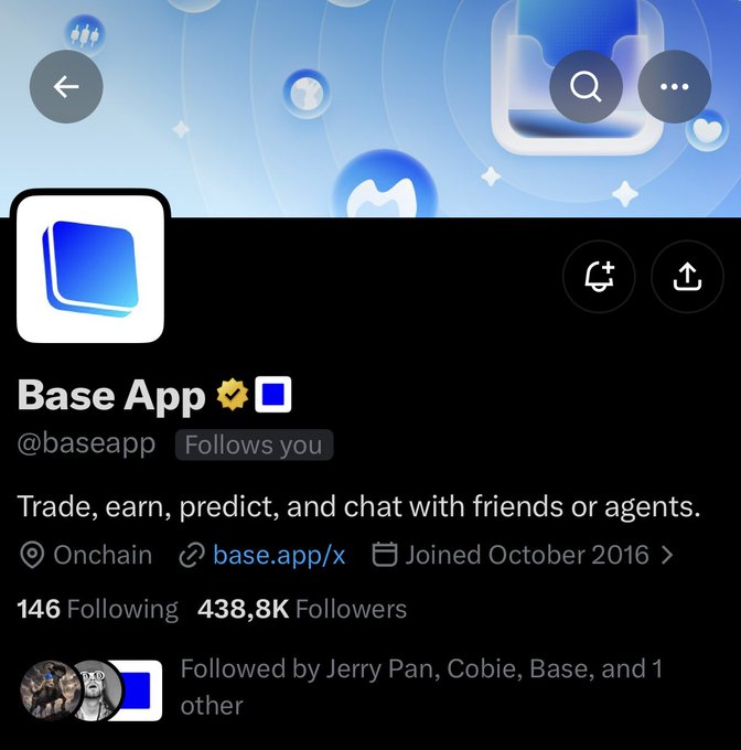 The image shows the official X (Twitter) profile page of Base App (@baseapp), an account with 438.8K followers and a verified badge, which is unrelated to the accompanying post about the $BLUECHIP meme trading against NVDAc. The image does not appear to have any direct connection to the post's content about the NVIDIA-based meme token.