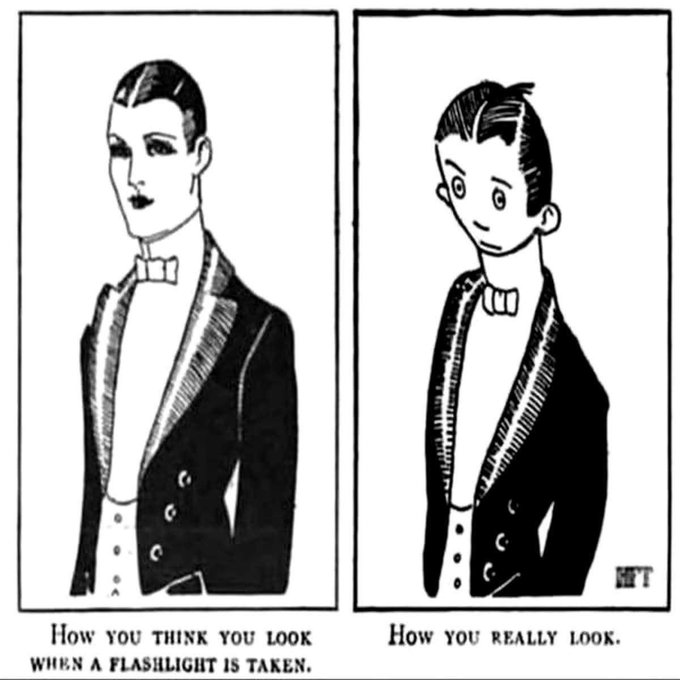 A two-panel cartoon showing a well-groomed man in a tuxedo labeled 'How you think you look when a flashlight is taken' next to a wide-eyed, startled version of him labeled 'How you really look.'