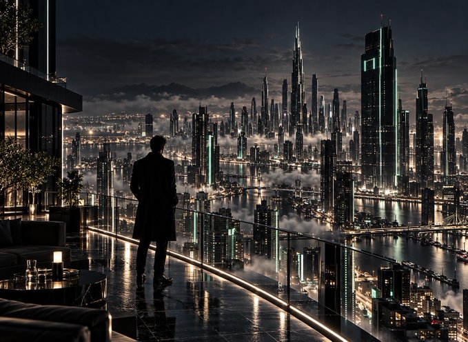 A cinematic nighttime view of a man in a dark coat standing on a luxury high-rise balcony overlooking a vast, futuristic cyberpunk cityscape with illuminated skyscrapers and waterways.