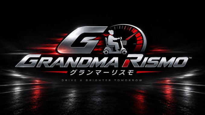 A video game logo parody titled 'GRANDMA RISMO グランマーリスモ' with the slogan 'DRIVE A BRIGHTER TOMORROW', featuring an elderly woman on a mobility scooter with a speedometer.