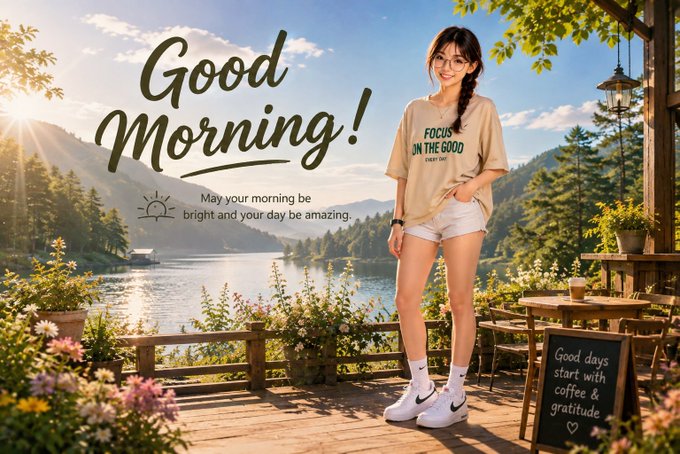 A "Good Morning!" greeting card featuring a young woman in a beige "FOCUS ON THE GOOD" t-shirt and shorts, standing on a lakeside patio with text reading "May your morning be bright and your day be amazing" and a sign saying "Good days start with coffee & gratitude."