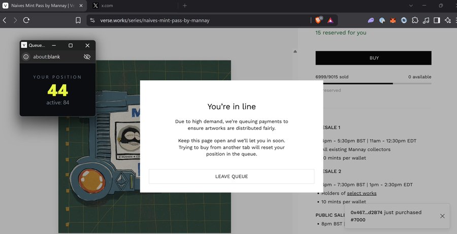 A screenshot of the Verse.works website showing a queue position of 44 with 84 active users for the 'Naives Mint Pass by Mannay' collection, indicating the user is waiting in line with 'You're in line' message.