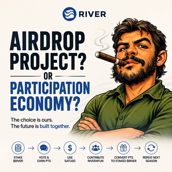 A promotional graphic for River featuring a bearded man smoking a cigar, with the headline "AIRDROP PROJECT? OR PARTICIPATION ECONOMY?" and the tagline "The choice is ours. The future is built together." Below is a six-step participation loop: Stake $RIVER → Vote & Earn Pts → Use satUSD → Contribute River4FUN → Convert Pts to Staked $RIVER → Repeat Next Season. The image visually reinforces the post's argument by contrasting the limiting "airdrop project" label with River's broader, sustainable participation economy model.