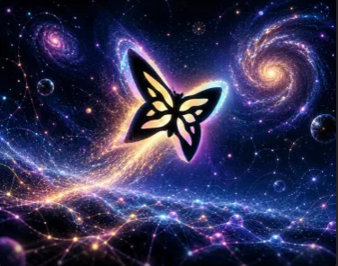 The image features a butterfly flying through space surrounded by stars and planets. The butterfly's wings are spread wide as if it's soaring among the celestial bodies. The background of the image is filled with various colors and shapes, creating an otherworldly atmosphere. The caption above the image reads "Most SocialFi platforms focus on rewarding activity. @quipnetwork is taking a different path by rewarding reputation". This statement suggests that Quip Network is focusing on building trust among users rather than solely concentrating on transactions or popularity.