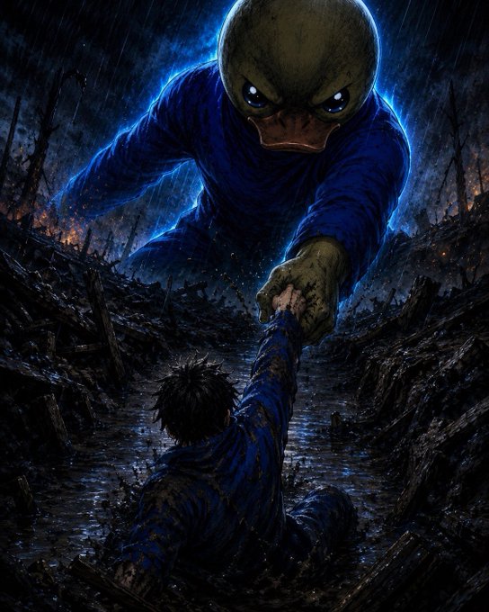 Dark fantasy artwork depicting a giant turtle-like creature in blue clothing pulling a mud-covered child up from a desolate, rain-soaked battlefield.