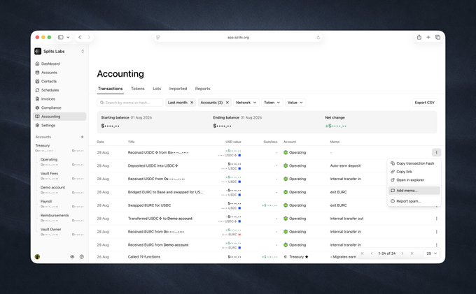 Screenshot of Splits Labs accounting dashboard showing transactions, tokens, and accounts with options like 'Copy transaction hash', 'Copy link', 'Open in explorer', 'Add memo', and 'Report spam'.