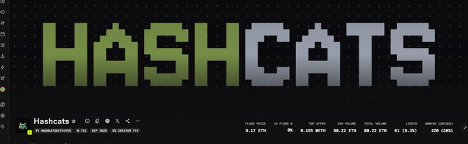 Screenshot of the Hashcats cryptocurrency mining dashboard displaying 'HASHCATS' in pixelated green and white text, with stats showing 0.17 ZTM floor price and 0.165 WOTH top offer.