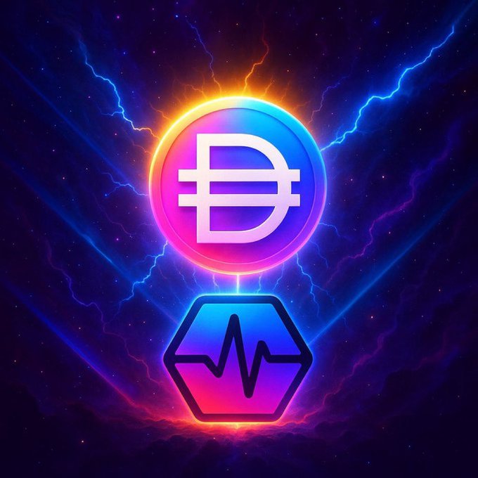 A neon-style graphic featuring a glowing DAI cryptocurrency symbol (a circle with a horizontal line through it) above a hexagonal icon with a heartbeat/pulse line, all set against a dark background with electric blue lightning effects.