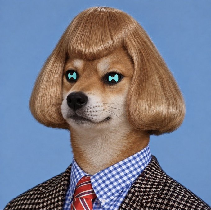 A Shiba Inu dog wearing a blonde bob wig with bangs, dressed in a brown tweed jacket, blue checkered shirt, and red striped tie, with digitally altered glowing blue eyes.