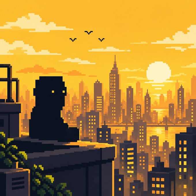 Pixel art illustration of a dark silhouetted figure sitting on a rooftop overlooking a golden sunset cityscape with skyscrapers, a bridge, and birds flying in the orange sky.