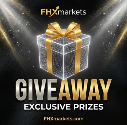 An advertisement for FHXmarkets displays a glowing wireframe gift box with a gold ribbon, accompanied by text reading 'GIVEAWAY EXCLUSIVE PRIZES' and 'FHXmarkets.com'.