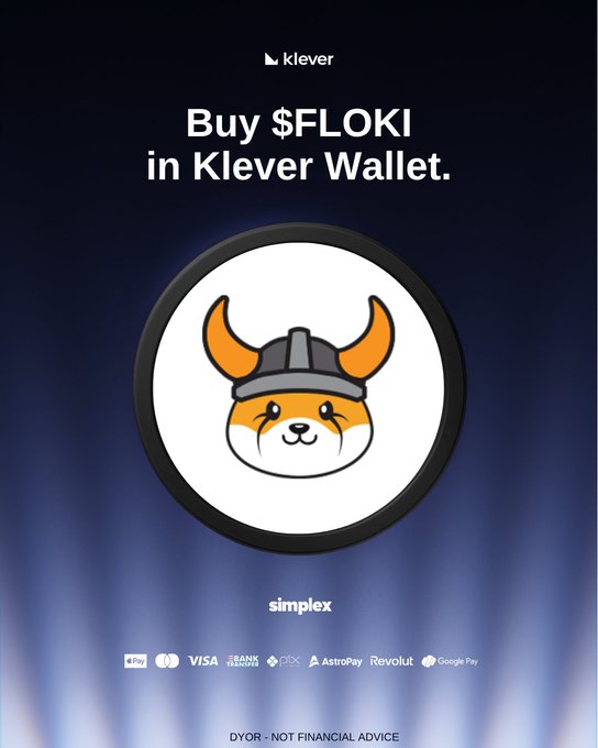 The image is an advertisement by Klever Wallet promoting the ability to purchase $FLOKI cryptocurrency, prominently featuring the FLOKI dog logo with a Viking helmet and listing payment options including Apple Pay, Visa, Bank Transfer, Pix, AstroPay, Revolut, and Google Pay. It directly corresponds to the post by emphasizing the "freedom to buy $FLOKI your way" through multiple payment methods on the Klever platform.
