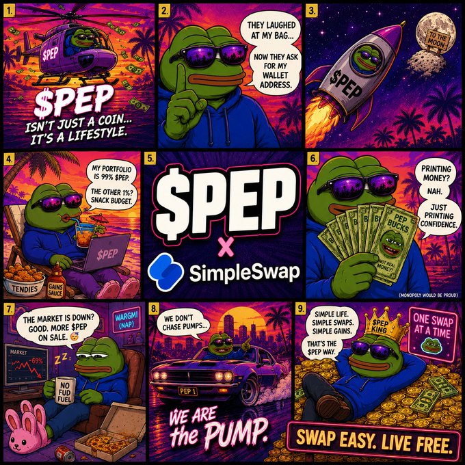 A colorful 9-panel Pepe the Frog meme advertisement for '$PEP' cryptocurrency in partnership with SimpleSwap, featuring slogans like '$PEP isn't just a coin... it's a lifestyle' and 'Swap easy. Live free.'