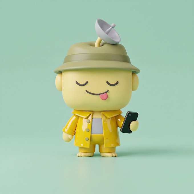 A 3D-rendered cartoon figure in a yellow raincoat and bucket hat with a small satellite dish on top, holding a smartphone with eyes closed and tongue playfully sticking out, set against a mint green background.