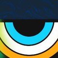 A stylized graphic features a large eye design with concentric rings in teal, white, and yellow against a dark background.