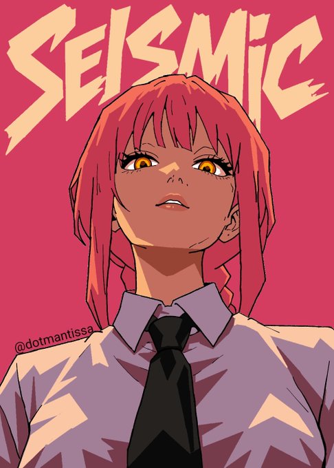 An anime-style illustration of a woman with red hair wearing a white shirt and black tie, with the word "SEISMIC" in large letters above her and "@dotmantissa" credited.