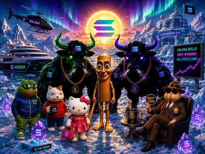 The image is a vibrant, AI-generated collage featuring two large, neon-eyed black bulls flanking a wooden stick figure with the Solana logo above them, set against an aurora-lit arctic backdrop with "SOLANA RESEARCH BASE," "ANSEM," and "BUTTCOIN" branding, a helicopter, and a yacht. Surrounding characters include Pepe the Frog in a "LAPIN" jacket, Hello Kitty, and a suited dog, with a digital sign reading "SOLANA BULLS KEEP WINNING ALL CYCLE LONG." The post references multiple Solana-themed meme tickers ($SOL, $ANSEM, $CURB, $TripleT, $BUTTCOIN, $KITTY, $KET, $PEPE), which are represented through the on-image labels (ANSEM, BUTTCOIN, KITTY) and the broader bullish Solana ecosystem theme depicted in the artwork.