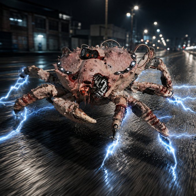 A detailed 3D render of a giant, menacing mechanical crab-like creature with robotic legs and glowing blue electrical sparks, moving through a wet urban street at night.