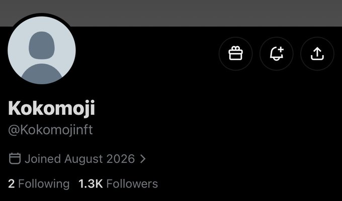 A dark-themed social media profile page for user 'Kokomoji' (@Kokomojinft), showing they joined August 2026, follow 2 accounts, and have 1.3K followers.