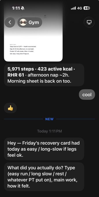 A dark-mode iPhone screenshot showing a text message conversation logging daily health metrics like '5,971 steps', '423 active kcal', and 'RHR 61', followed by prompts to log a run or long-slow workout.