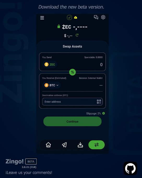 A mobile app interface for Zingo! version 2.0.21 (BETA) shows a 'Swap Assets' feature allowing users to exchange ZEC for BTC, with a 2% slippage setting.