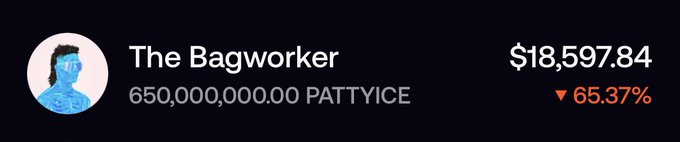 The image shows a crypto portfolio tracker displaying "The Bagworker" holding 650,000,000.00 PATTYICE tokens valued at $18,597.84, down 65.37%. The post appears to be asking for advice on what to do with the token holdings and potentially offering a giveaway, with the screenshot serving as proof of their large bag to incentivize engagement.