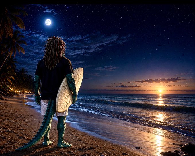 A fantastical scene of a person with dreadlocks and a scaly reptilian tail and skin standing on a beach at night, holding a surfboard while looking at the moonlit ocean.