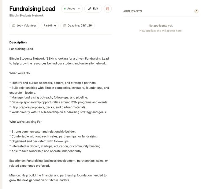 A job posting for a 'Fundraising Lead' position at the Bitcoin Students Network, marked as Active and Volunteer Part-time with a deadline of 09/11/26.