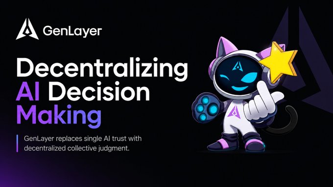 A GenLayer promotional graphic featuring an astronaut cat mascot with the tagline 'Decentralizing AI Decision Making' and the message that GenLayer replaces single AI trust with decentralized collective judgment.