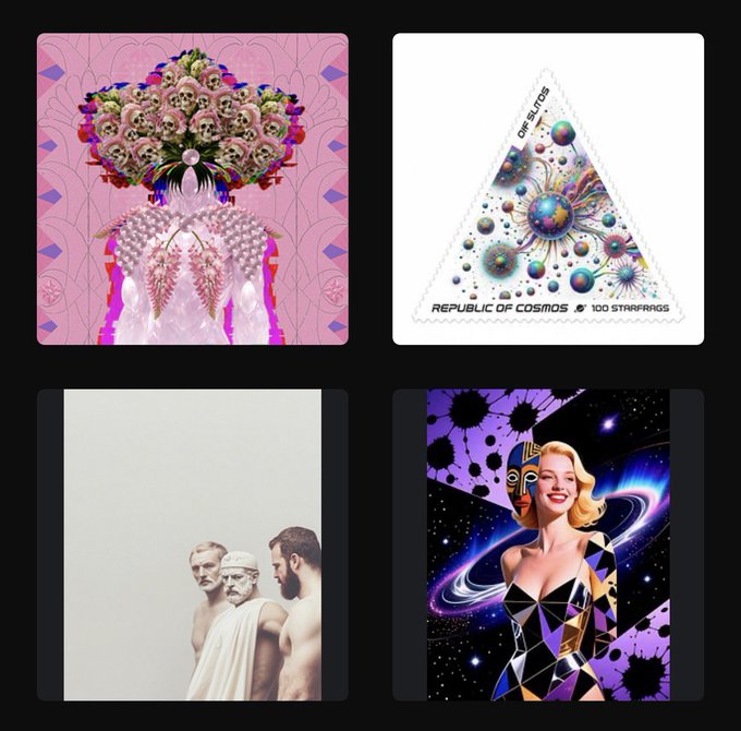 Four distinct digital artworks are arranged in a grid: a pink piece with flowers, a triangular 'Republic of Cosmos' piece featuring bubbles, a photo-style image of three men, and a geometric portrait of Marilyn Monroe against a space background.