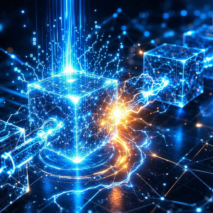A vibrant digital artwork depicting glowing blue holographic cubes with internal geometric patterns, surrounded by blue binary code streams and orange electrical energy effects.