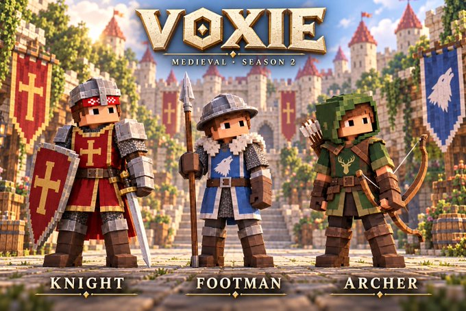 Promotional artwork for "VOXIE Medieval Season 2" showing three Minecraft-style voxel character classes labeled "KNIGHT," "FOOTMAN," and "ARCHER" standing before a medieval castle with banners.